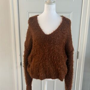 Free People Fuzzy V-Neck Sweater in Rich Brown